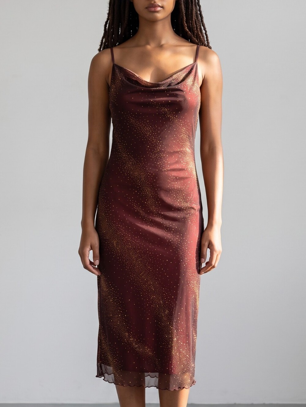Vintage Y2K Forever 21 Cowl- Neck Mesh Glitter Midi Dress